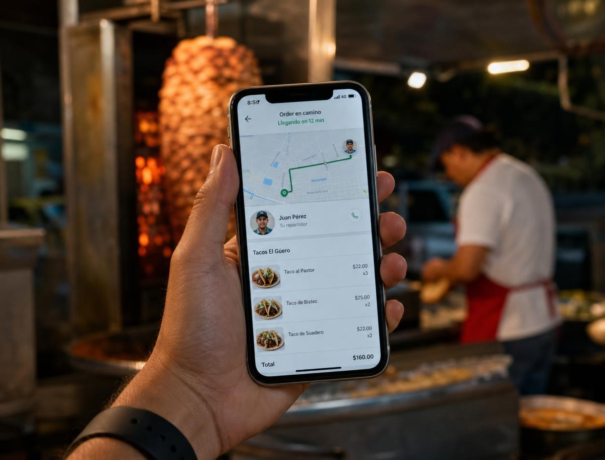Cliente siguiendo su pedido de tacos en la app desde el celular