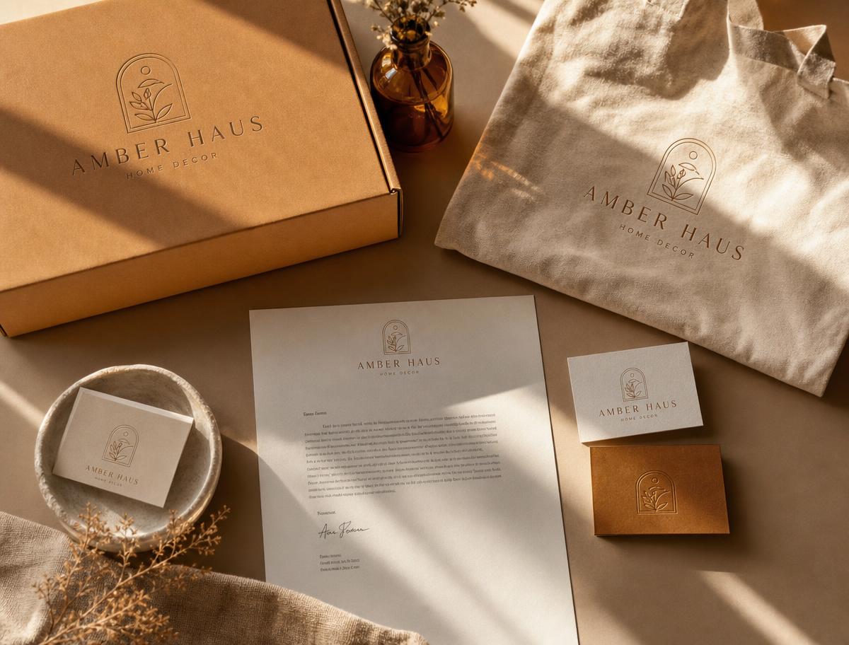 Papelería, caja y tote bag con la identidad de Amber Haus