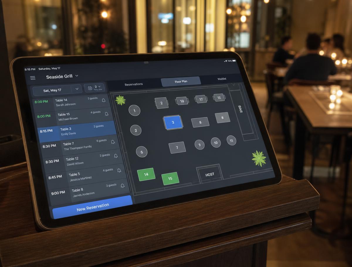 Tablet en la entrada de un restaurante con el panel de reservas y plano de mesas