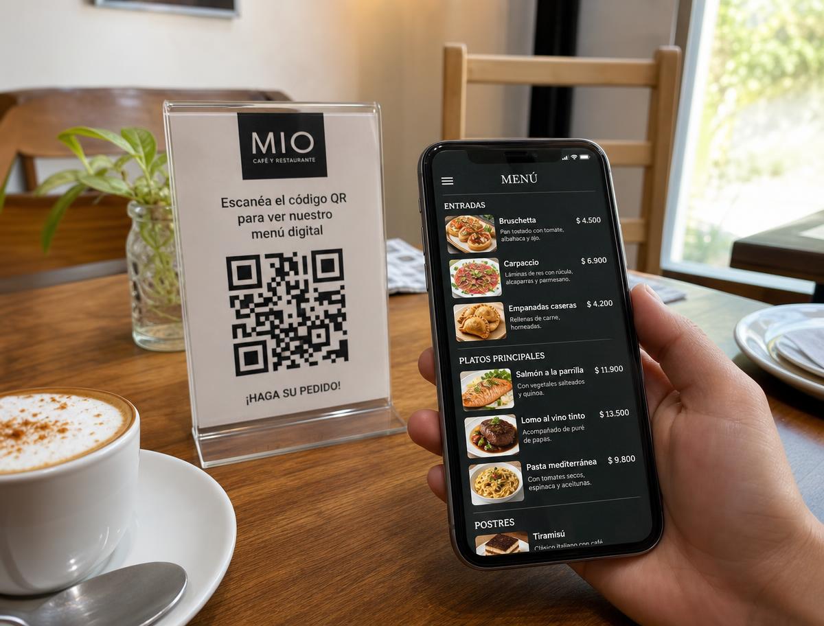 Código QR en la mesa y menú digital del restaurante abierto en el celular